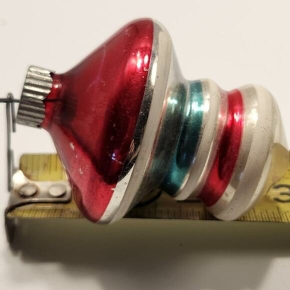 Vintage Shiny Brite Red Green and White Flocked Top Shaped Glass Ornament - Picture 3 of 5